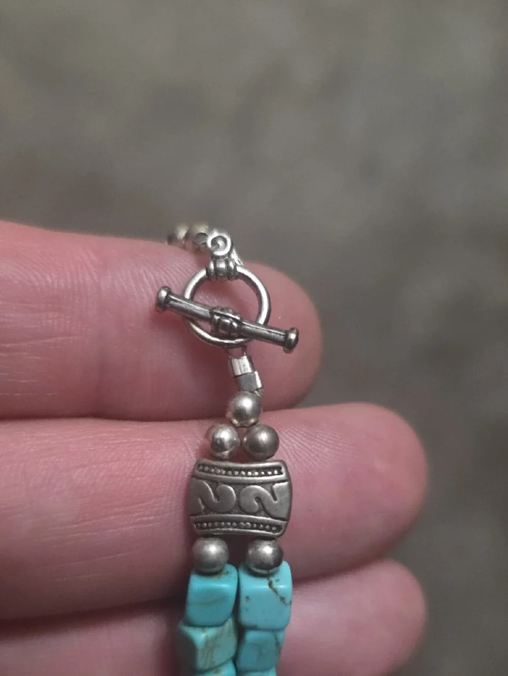 Handcrafted Turquoise Ans Silver Beaded Bracelet with Toggle Clasp